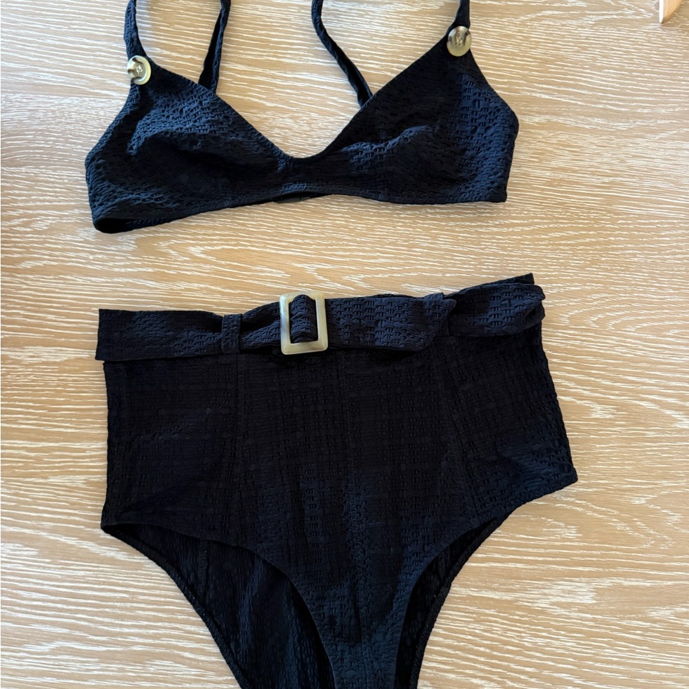 Lisa Marie Fernandez Magdalena belted seersucker bikini Size 4 Black